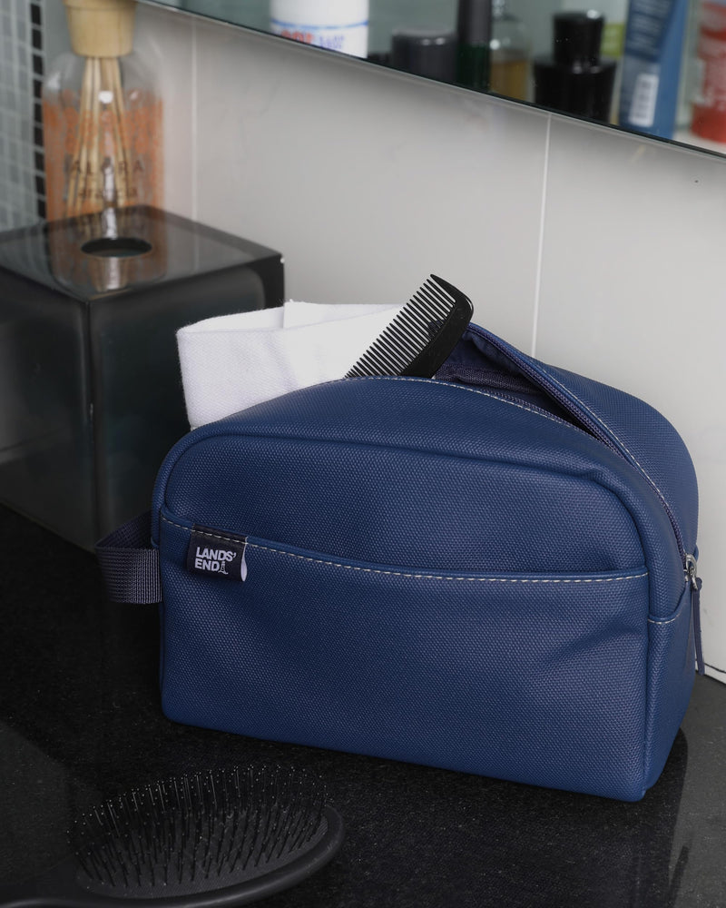 Lands' End Woven Dopp Kit for Men | Solid Toiletry Bag with Top Zip and Front Pocket (Navy) Navy