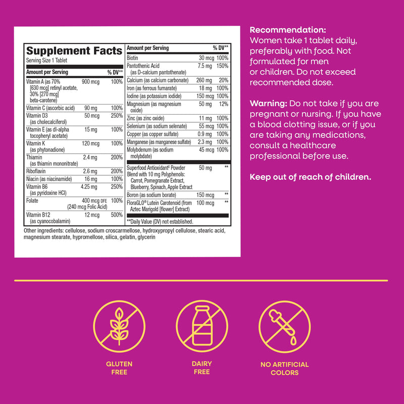 Nature's Way Alive! Complete Multivitamin for Women, Daily Vitamin, 50 ct | Women’s Vitamin Tablets Supports Cellular Energy Metabolism, Hair, Skin & Nails*, B-Vitamins, with Superfood Antioxidants 50 Count (Pack of 1)