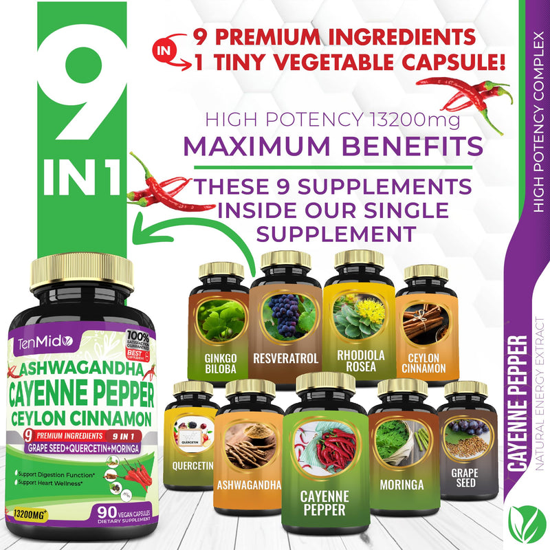 [Australia] - Cayenne Pepper Supplements Capsules 13200mg, 3 Months Supply & Ashwagandha, Ceylon Cinnamon, Grape Seed, Quercetin, Moringa, Ginkgo Biloba - Supports Cardiovascular, Promotes Digestive Health -90 Caps 