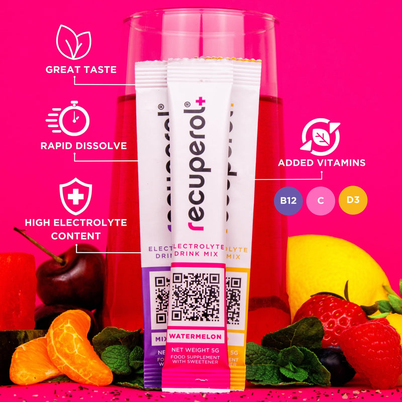 Recuperol Electrolytes Sachets - Rehydration Electrolytes Powder with Zinc, Vitamin C, B12, D3 & Potassium for Hydration - Sugar Free, Vegan & Low Calorie - Variety 30 Pack (6 Natural Flavours)