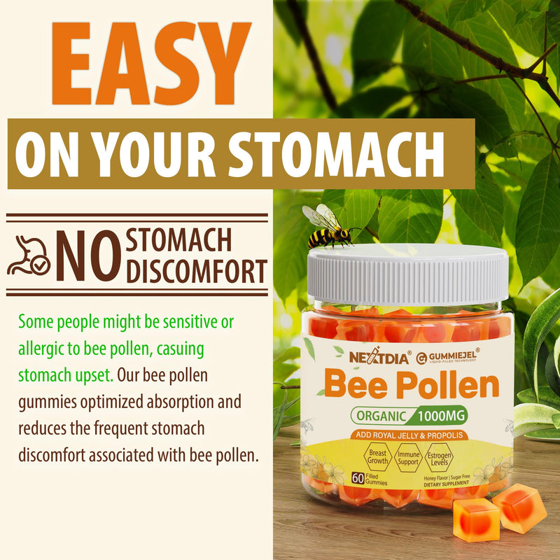 [Australia] - Bee Pollen Organic 1000mg, w/Propolis, Royal Jelly, Sugar Free Bee Pollen Gummies Rich in B-Vitamin, Antioxidants, Amino Acids, Bee Pollen Supplement for Energy, Skin & Immune (1 Pack) 60 Count (Pack of 1) 