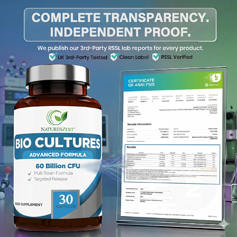 Bio Cultures Complex Probiotics and Prebiotics for Gut Health 60 Billion CFU - 30 Vegan Capsules - High Strength Digestive Supplements, Multi Strain Pre and Probiotics Formula for Men & Women 30 count (Pack of 1)