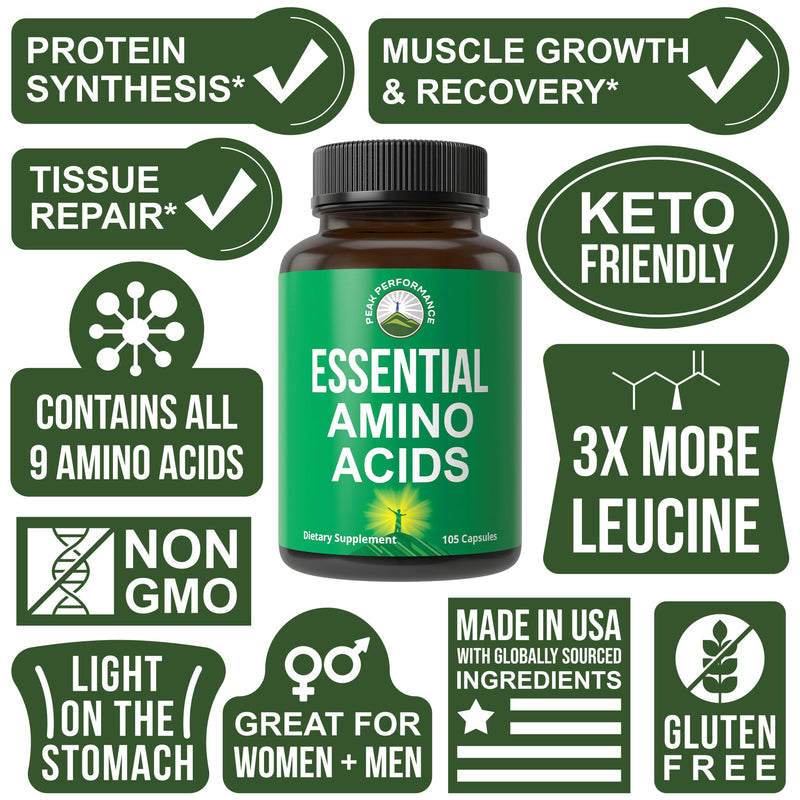 [Australia] - All 9 Essential Amino Acids Supplement. Capsules With 3x More Leucine For Muscle Recovery, Growth. EAA Supplement Better Than BCAA / BCAAS Branched Chain Aminos Acid. USA Tested EAAs Men + Women 