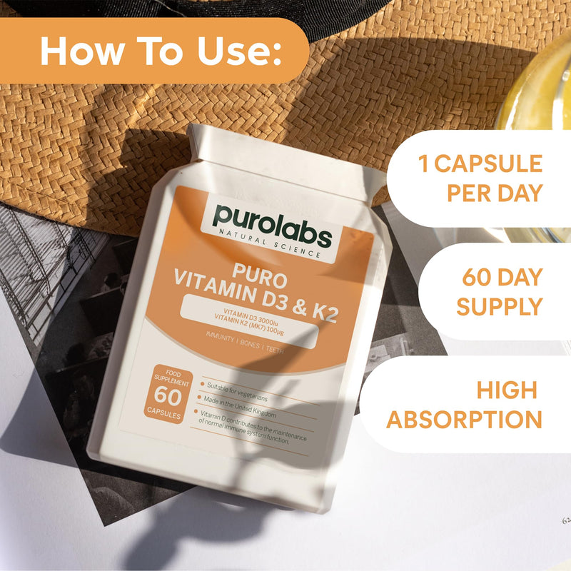 Purolabs Vitamin D3 3000iu & K2 100ug (MK7) - High Strength Vitamin D Supplement for Immune Support, Mood & Bone Health - Vitamin D3 K2 Vegetarian Capsules - Vitamin D Tablets 60 Count