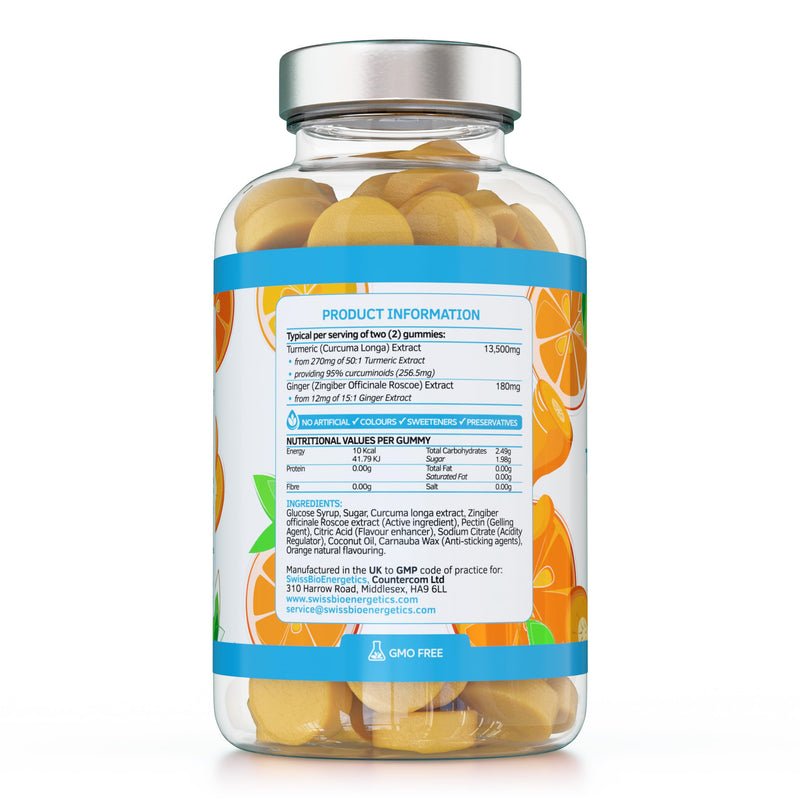 Turmeric Curcumin Gummies with Ginger - 120 Natural Orange Flavour Juicy Yummy Gummies – with a Huge 95% curcuminoids, Vegan & Gelatin Free – 2 Month Supply for Men, Women & Children – Made in the UK 120 Gummies