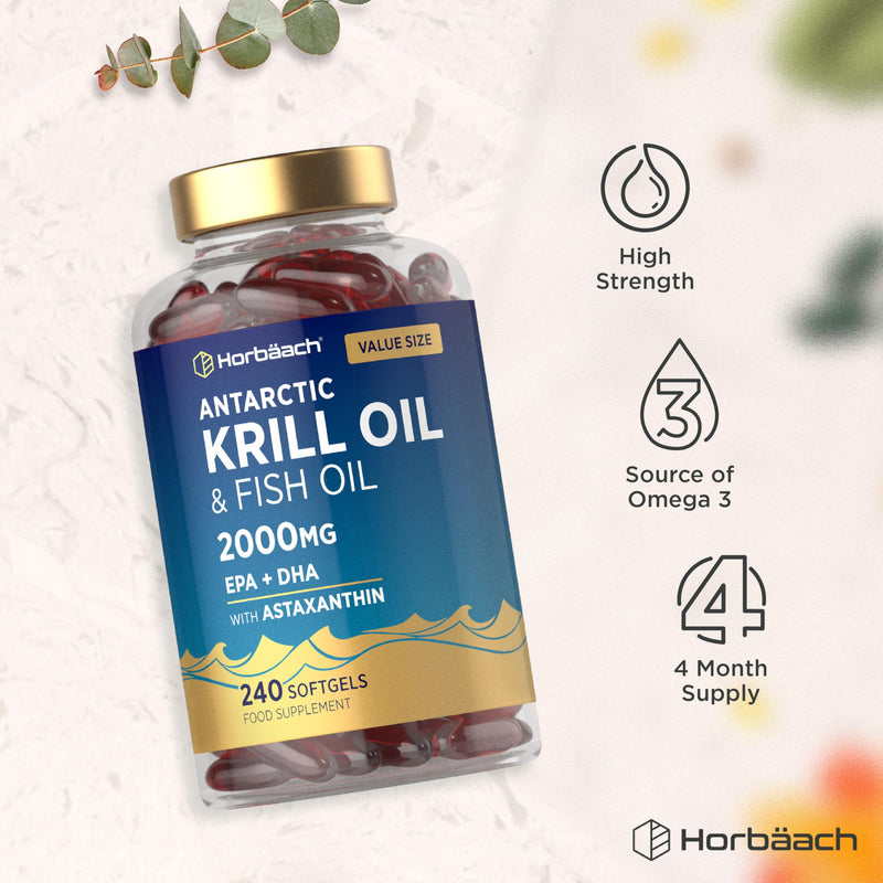 Antarctic Krill Oil 2000mg | 240 Softgels (4 Month Supply) | with Omega 3 Fish Oil (EPA & DHA), Astaxanthin, and Phospholipids | High Strength Complex | By Horbaach