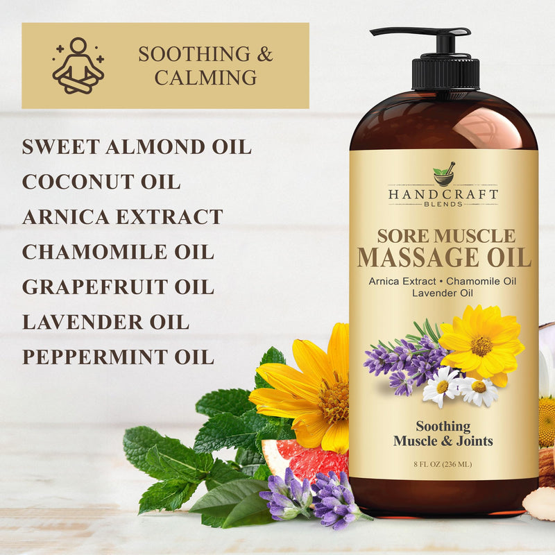 [Australia] - Handcraft Blends Sore Muscle Massage Oil 8 Fl Oz - Moisturizing Body Oil for Massage Therapy - Made with Arnica Extract, Chamomile, Lavender, Peppermint Oils 8 Fl Oz (Pack of 1) 
