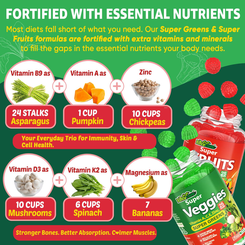 Super Greens Gummies with 50+ Veggies & Fruits, Methylfolate & Methyl B12 | Daily Greens Supplement for Men & Women, Whole Food to Boost Immunity, Energy, Antioxidant, Probiotics - Gut Health, 120cts