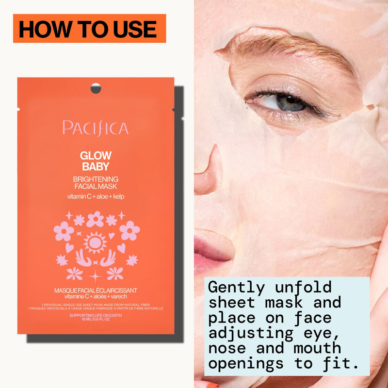 Pacifica Glow Baby Brightening Vitamin C Face Mask 4-Pack – Hydrating Serum-Soaked Sheet Mask for Glowing Skin, Fights Dullness & Dark Spots, Infused with Aloe & Kelp, 100% Vegan & Cruelty-Free 1 Count (Pack of 4)