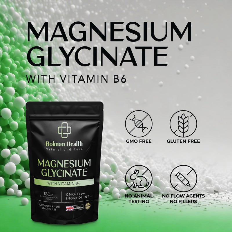 Magnesium Glycinate with Vitamin B6 | 180mg Elemental Magnesium Per Serving | Supports Muscle, Nerve & Energy Function | 60 Vegan HPMC Capsules | Non-GMO | Gluten-Free Magnesium Supplement
