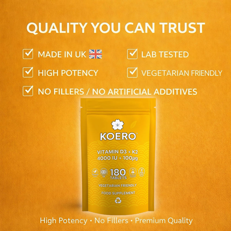 KOERO Vitamin D3 4000 IU + K2 MK7 100mcg – High Strength Daily Tablets – Supports Immunity & Bone Health – 180 Tablets – UK Made