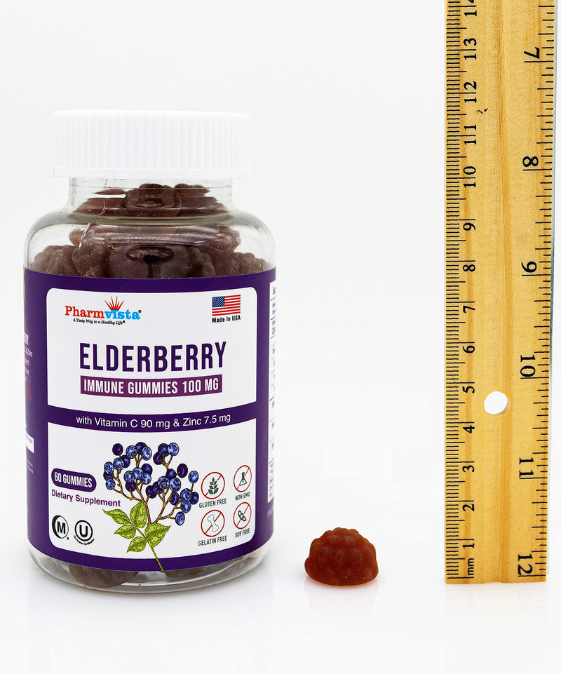 Elderberry Gummies 100mg with Vitamin C and Zinc - Immune Support, Gluten Free Gummies with 7% Anthoycyanin - 60 Count