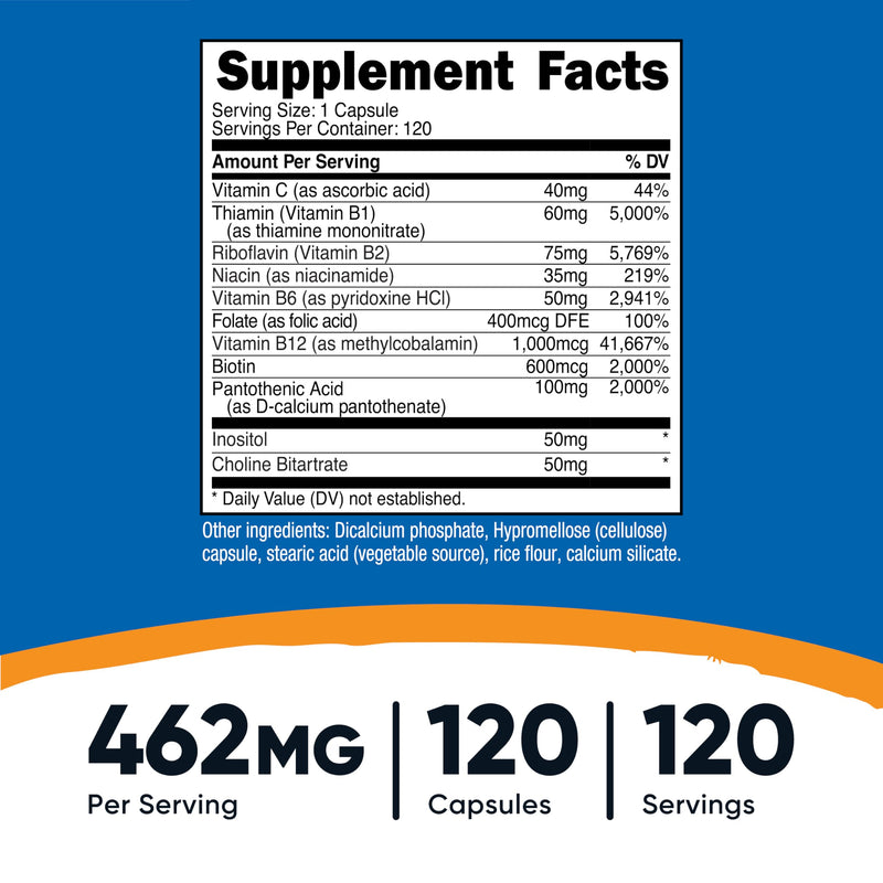 [Australia] - Nutricost High Potency Vitamin B Complex 462mg, 120 Capsules - with Vitamin C - Energy Complex 120 Count (Pack of 1) 