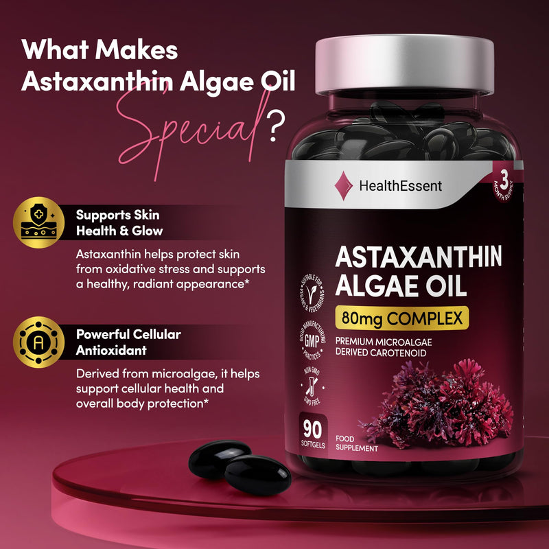 HealthEssent Astaxanthin High Strength Algae Oil 80mg Complex - Microalgae Carotenoid from Haematococcus Pluvialis - 90 Vegan Softgel Capsules - Antioxidant Supplements for Skin & Eyes, Non-GMO
