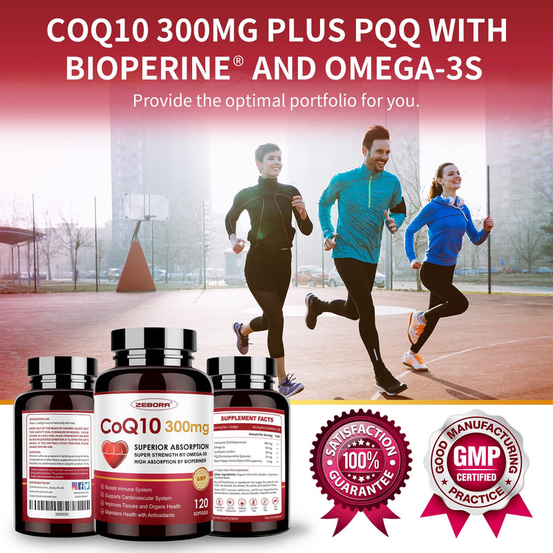 [Australia] - ZEBORA CoQ10-300mg-Softgels with PQQ, BioPerine & Omega-3, 120 Servings Coenzyme Q10 (Ubiquinone) Supplement for High-Absorption, Powerful-Antioxidant, Support Heart-Health & Energy-Production 