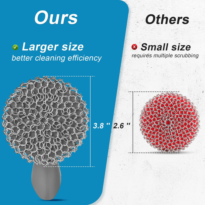 [Australia] - SUBEKYU Cast Iron Scrubber with Silicone Handle, Stainless Steel Cast Iron Skillet Cleaner Chainmail Scrubber for Cast Iron Pans, Grey Gray 