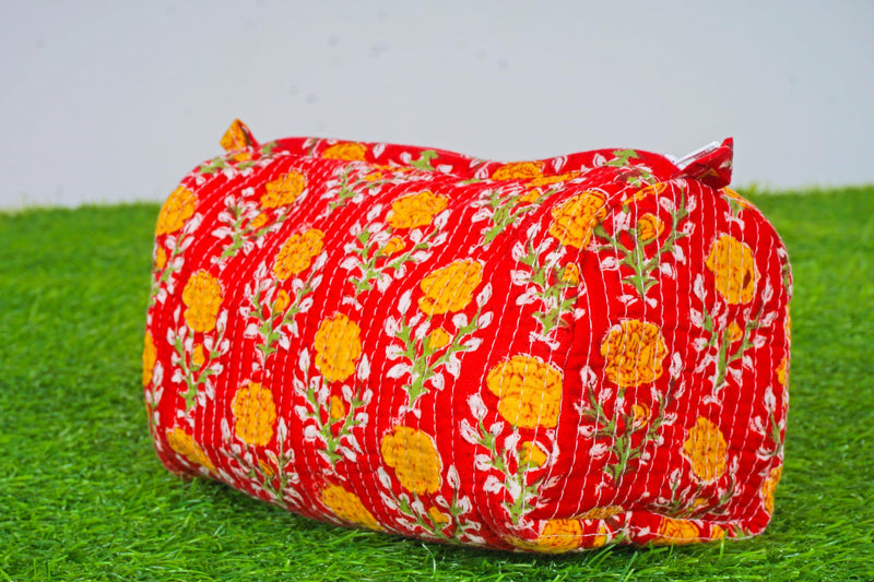 Generic Set of 3 Pieces Indian Handmade Cotton Quilted Handmade Floral Hand Block Print Toiletry Bag,Cosmetic Pouch Bag Makeup Bag For Women (Cotton, Orange), 44999