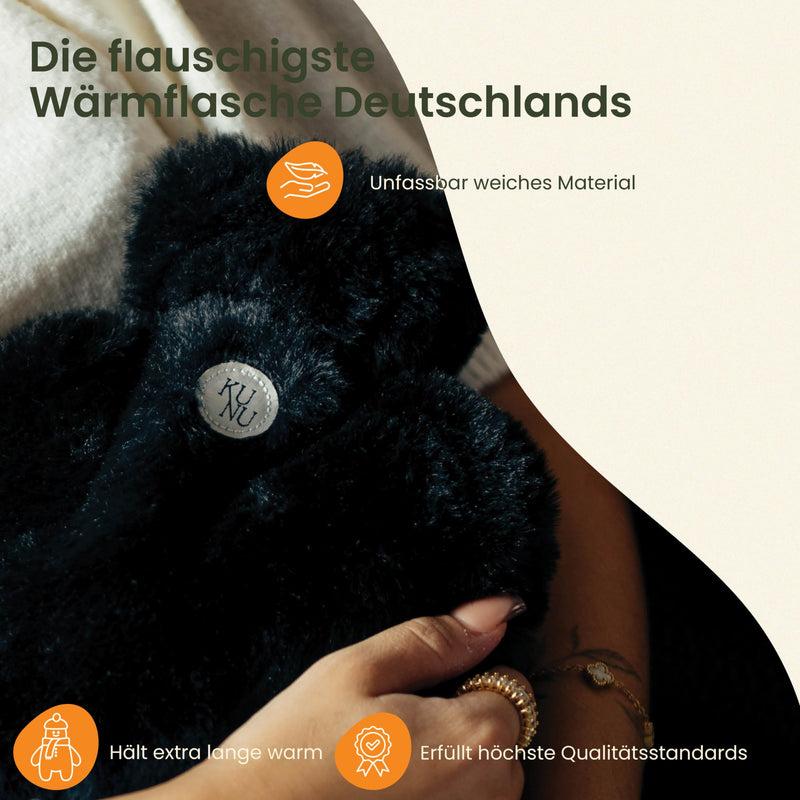 [Australia] - KUNU® the special XXL hot water bottle - 3.4l - incl. gift packaging - with extra cover - irresistibly fluffy - perfect for adults and children - leak-proof and tested Fluffy Black 