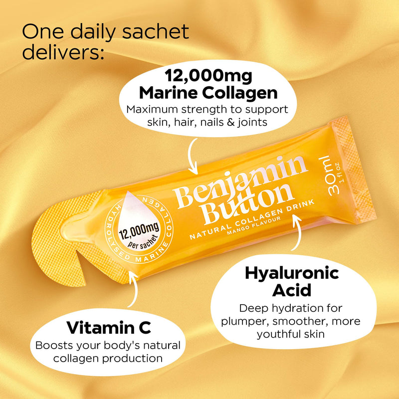 Benjamin Button Marine Collagen Liquid Sachet w/Hyaluronic Acid & Vitamin C | for Hair, Skin, Nails & Joints | 12,000mg High Strength Hydrolysed Collagen (Mango, 14x Sachets) Mango Pack of 14