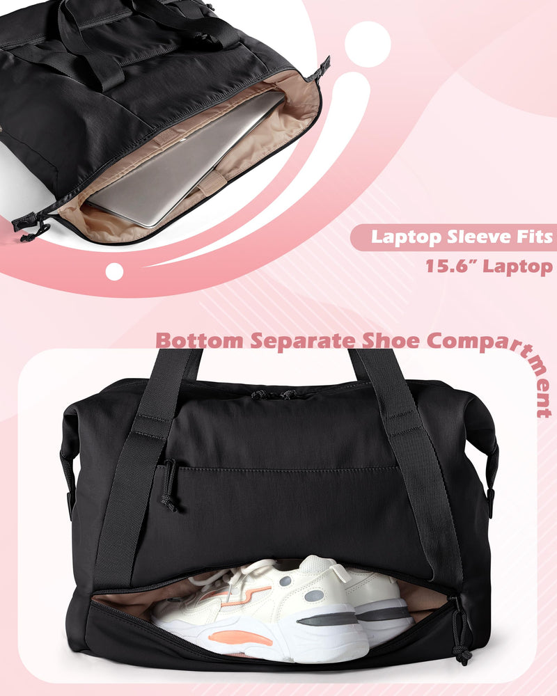 Smasrob Travel Duffle Bag with Shoe Compartment and Laptop Sleeve for Women | Lightweight Weekender Duffel Bag for Travel, Gym, Hospital Labor Delivery, Black