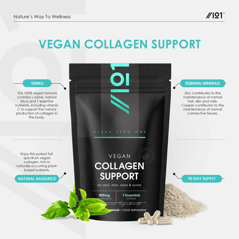 Vegan Collagen Supplements for Women & Men - High Strength 90 Capsules (3 Months Supply) - with Biotin, Lysine, Bamboo Silica, Zinc, Vitamin C, E & A - By Alpha01