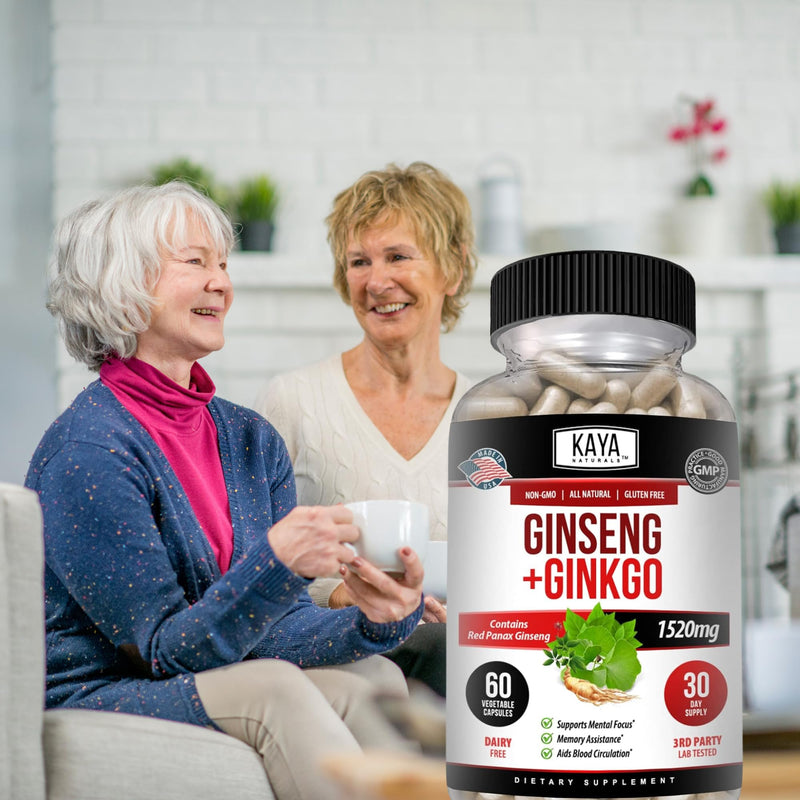 [Australia] - Kaya Naturals Red Panax Ginseng + Ginkgo Biloba | Nootropic Brain Supplement | Cognitive and Concentration Support | Brain Booster, Focus, and Memory Supplement | 60 Capsules 60 Count (Pack of 1) 