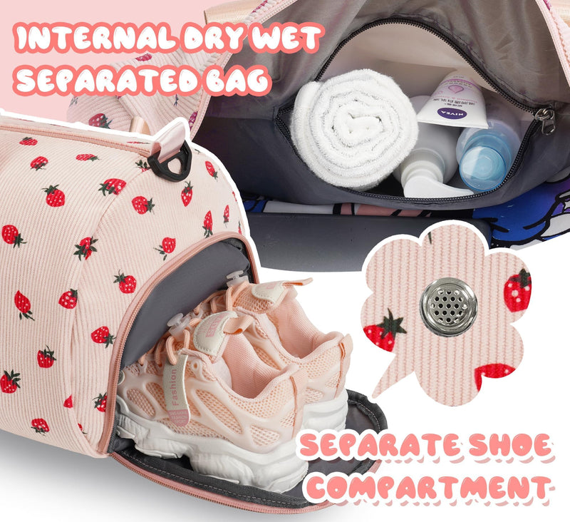 WOOMADA Kids Duffle Bag with Shoe Compartment, Cute Dance Gymnastics Cheer Ballet Overnight Sleepover Weekend Bag, Birthday Gifts for 4 5 6 7 8 9 10 11 12 13 Year Old Tween Teen Girls（pink-E） Pink E