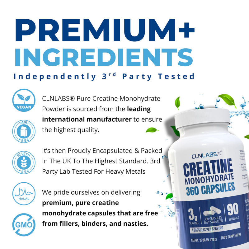 CLN Labs Creatine Monohydrate Capsules | 360 Capsules | 3000mg per Serving | 3 Months Supply | Easy Swallow Compared to Tablets | Unflavoured | Made in the UK