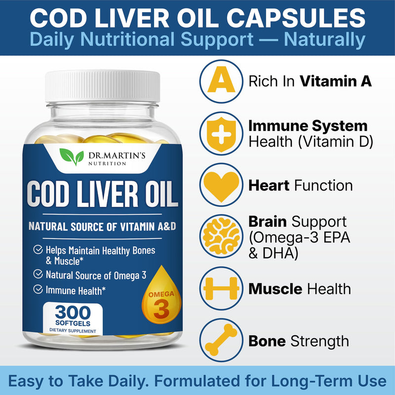 Cod Liver Oil 300 Softgels, Burpless Omega 3 with EPA & DHA, Vitamin A & D | Norwegian Fish, Easy-to-Swallow Capsules for Immune Support, No Fishy Aftertaste, Heart Brain Eye Immune, Easy on stomach 1 Count (Pack of 300)