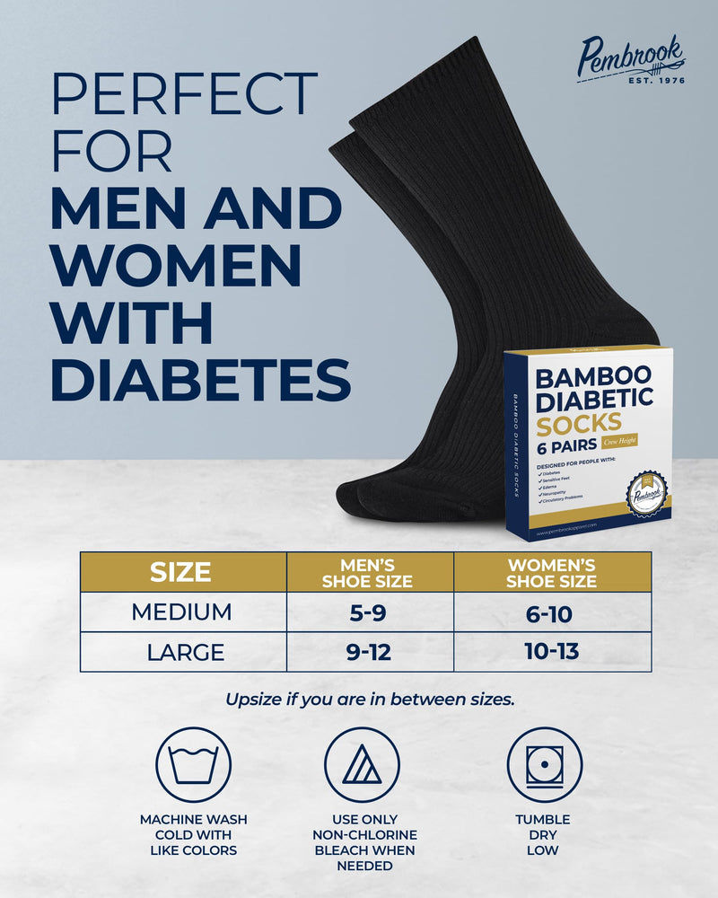 Pembrook Ribbed Knit Bamboo Viscose Diabetic Socks - 6 Pairs Crew Neuropathy Socks for Women | Diabetic Socks for Women Large Black, White, Light Blue, Blue, Purple, Pink