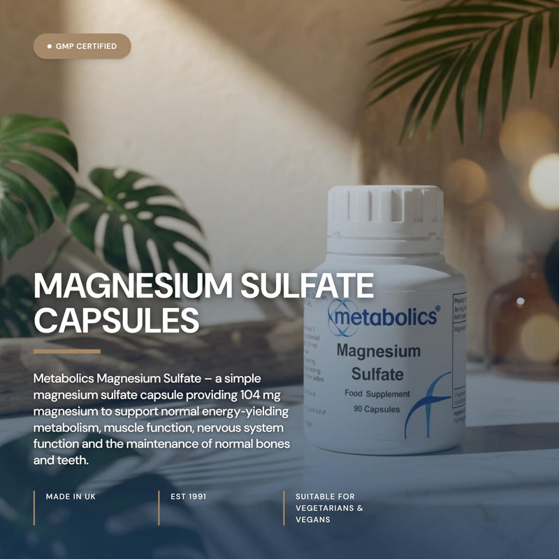 Magnesium Sulfate – 90 Vegan Capsules | 104mg Elemental Magnesium per Capsule | Supports Energy, Muscle, Nerve & Bone Health | Additive-Free | UK Made | Metabolics