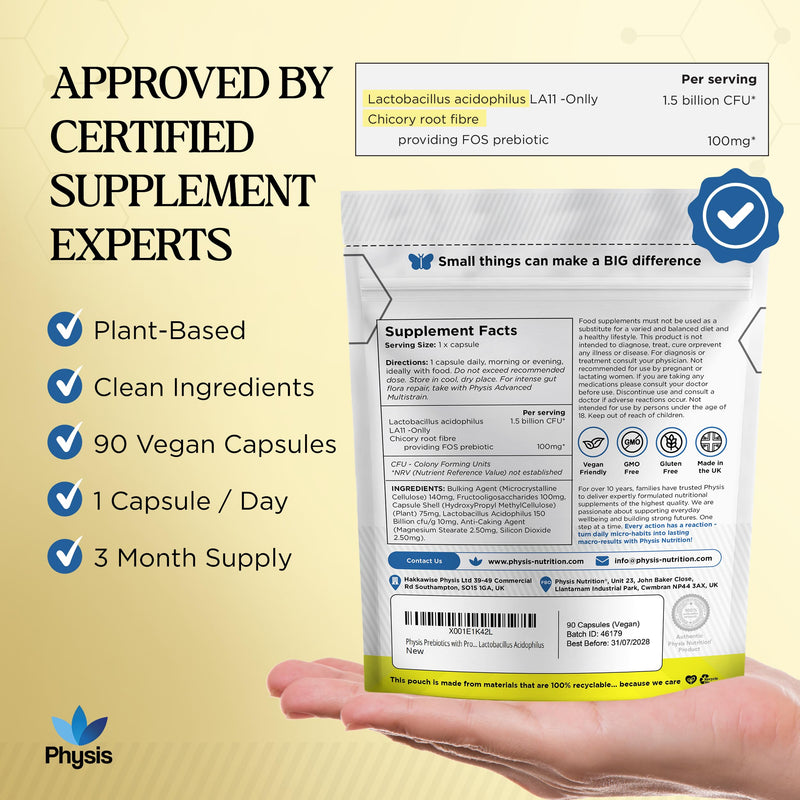 Physis FOS Inulin Fibre with Lactobacillus Acidophilus | Chicory Root Inulin & Live Bacterial Cultures | Gentle Daily Formula for Sensitive Stomachs | 90 x Vegan Gut Wellness Capsules | Made in UK 90 count (Pack of 1)