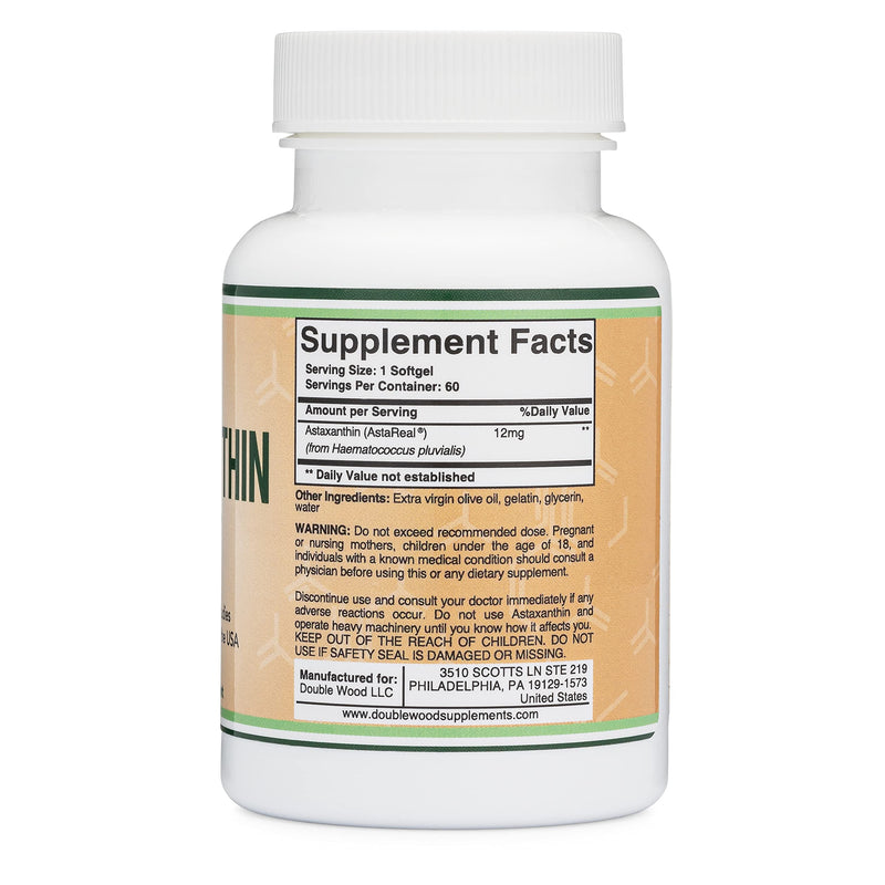[Australia] - Astaxanthin 12mg Max Strength (AstaReal: Natural Patented Astaxanthin with 70+ Human Clinical Trials - World's Most Studied Brand) Grown, Harvested, and Made in The USA (Astaxantina) by Double Wood 
