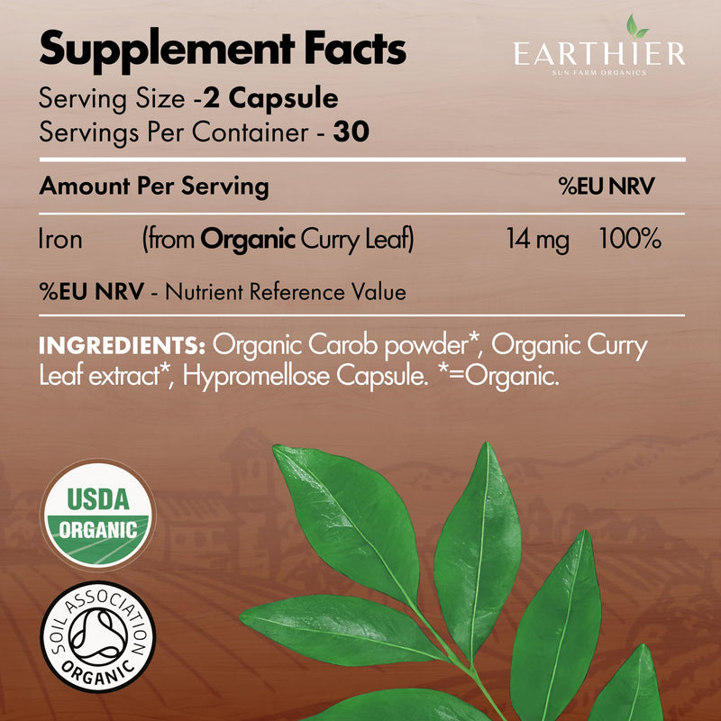 Organic Iron Whole Food Sourced & Certified by Soil Association 60 Capsules Vegan