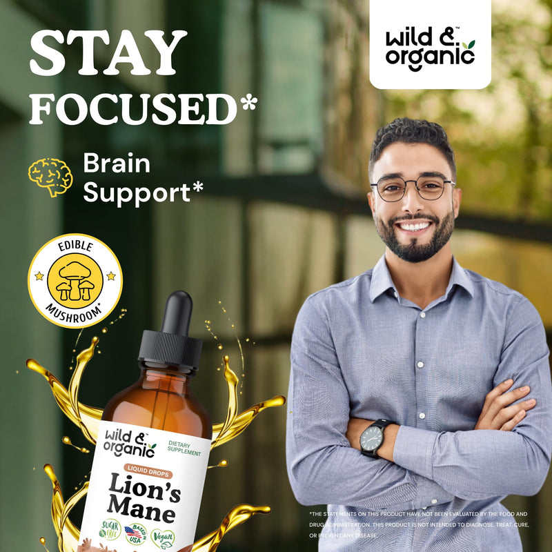 [Australia] - Wild & Organic Lions Mane Liquid Drops - Brain & Focus Support - Lion's Mane Mushroom Supplement - Hericium Erinaceus Mushroom Drops - Vegan, Sugar & Alcohol-Free Extract Tincture - 4 fl oz 4 Fl Oz (Pack of 1) 