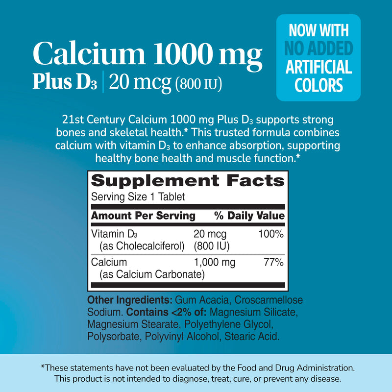 21st Century Calcium 1000mg Plus D3 Tablets, Bone Health, 90 Count | Calcium 1000 mg with Vitamin D3 20 mcg (800 IU), Bone Strength & Density Support, Daily Supplement for Men & Women Unflavored 90 Count (Pack of 1)