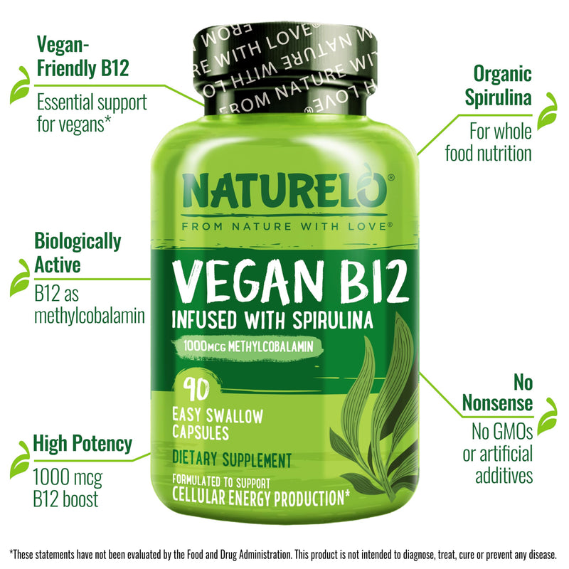 NATURELO Vegan B12 - Methylcobalamin, 90 Capsules, 2 Pack | Organic Spirulina, Methyl B12 1000 mcg, Supports Healthy Mood, Energy, Heart & Eye Health, Vitamin B12 1000 mcg Unflavored 90 Count (Pack of 2)