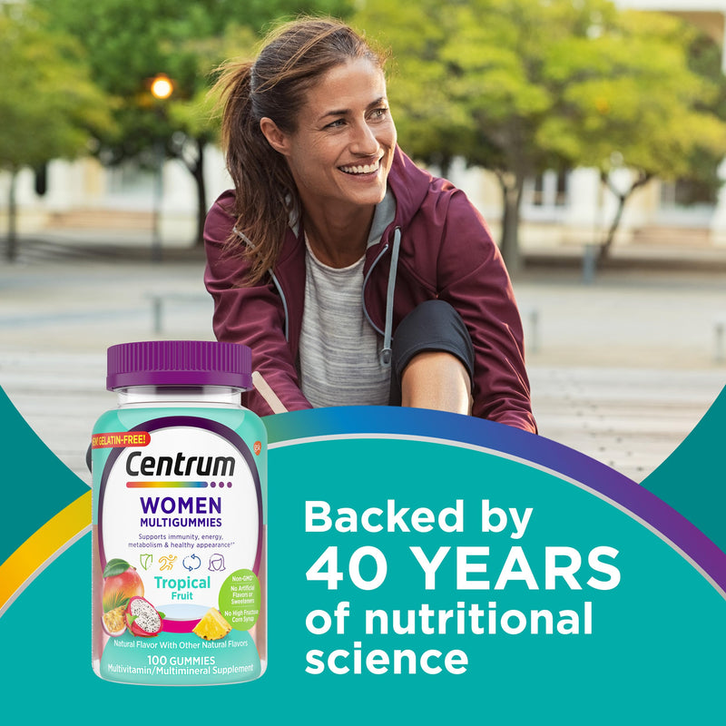 Centrum MultiGummies for Women 18 and Over, 100 Count | Contains Vitamin D3, B Vitamins and Antioxidant Vitamins C and E, Gluten Free, Non-GMO Ingredients, GLP-1 Support Fruit 100 Count (Pack of 1)