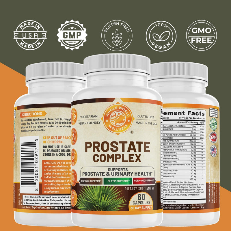 Advanced Prostate Complex | Prostate Support for Mens Health, Urinary Health | Saw Palmetto, Pygeum Powder, Vitamin E & B6 | Gluten Free, Vegan Friendly, Sugar Free | 60 Capsules | Made in the USA.