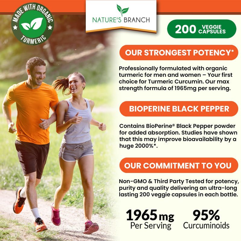 [Australia] - Turmeric Curcumin with Black Pepper BioPerine - 𝟮𝟬𝟬 𝗖𝗔𝗣𝗦𝗨𝗟𝗘𝗦 - Extra Strength 1965mg Joint Support Supplement, High Absorption, Made in USA with Organic Powder Vegan Extract Complex Pills 