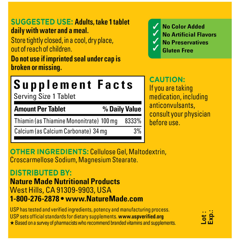 [Australia] - Nature Made Vitamin B1 100 mg, Dietary Supplement for Energy Metabolism Support, 100 Tablets, 100 Day Supply No Artificial Flavors 100 Count (Pack of 1) 