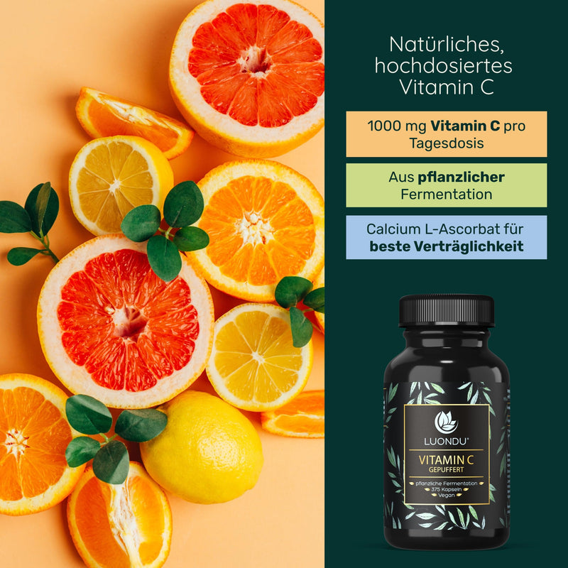 [Australia] - Vitamin C 375 capsules buffered 1000mg per daily dose high dose, vegan - Buffered vitamin C from plant fermentation - Made in DE Luondu® 