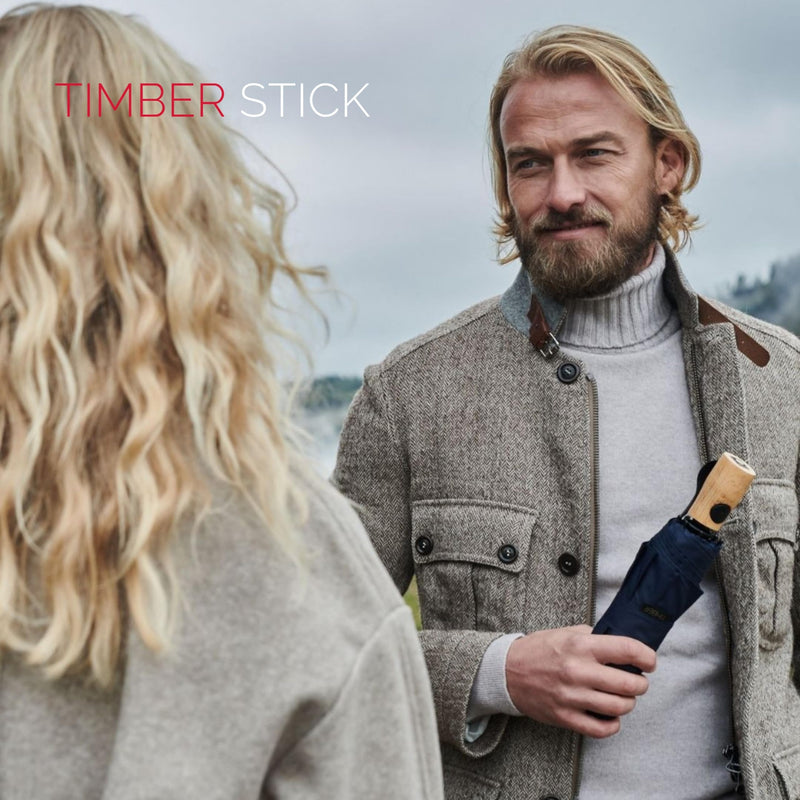 Knirps TIMBER Large Umbrella For Men & Women, Windproof Rain and Sun Protection On The Go Classic Walking Stick Style with Non Slip German Beechwood Handle, Full Coverage Water Resistant Canopy Navy