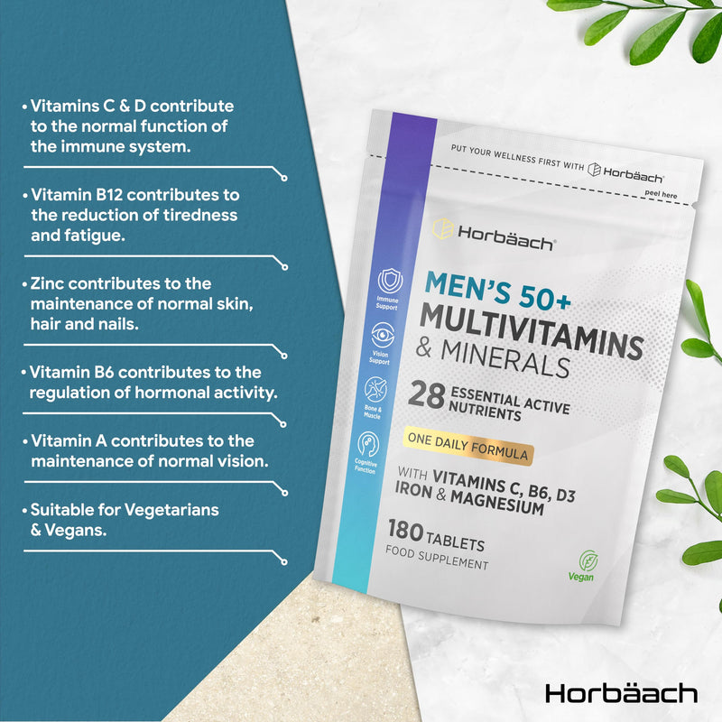 Multivitamin Tablets for Men 50 Plus | 180 Count | One-a-Day Formula | 28 Essential Nutrients | with Vitamin C, B6, D3, Iron and Magnesium | Vegan | By Horbaach