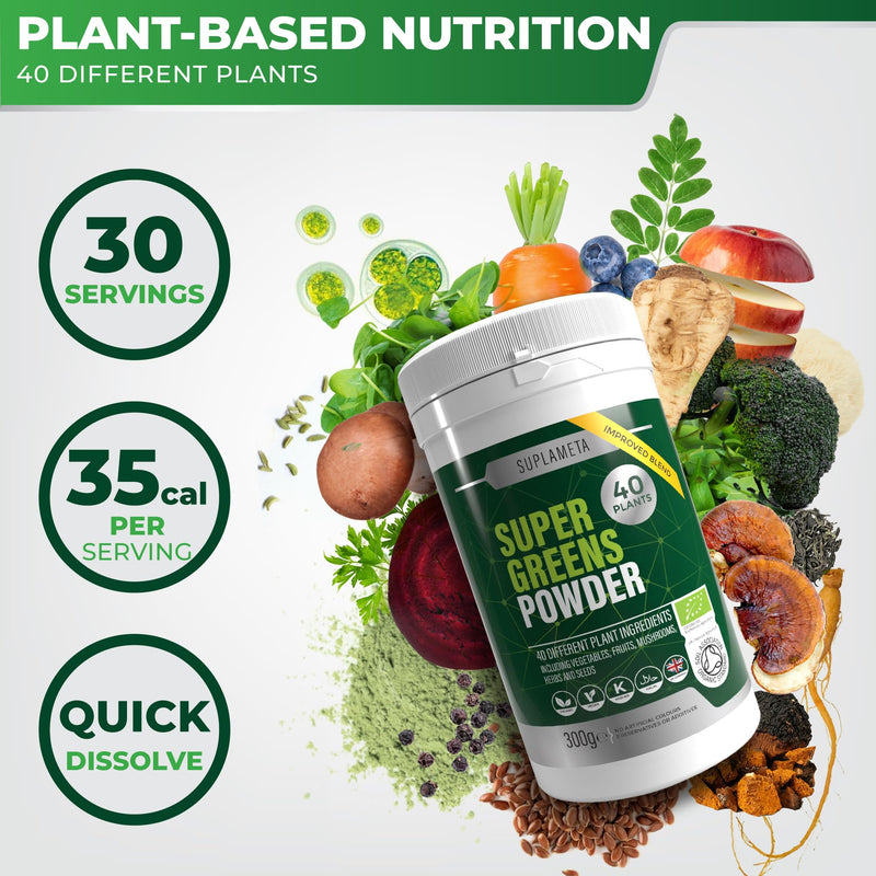 Organic Super Greens Powder | 40 Plant Ingredients for Gut Health | Vegan & Gluten-Free Greens Supplement | 30 Day Supply of Gut Health Powder - Vegetable with Extra Mushrooms 300 g (Pack of 1)