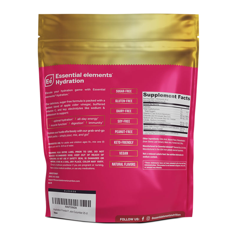 Essential Elements Hydration Packets - Watermelon Cucumber Pack - Sugar Free Electrolytes Powder Packets - 25 Stick Packs of Electrolytes Powder No Sugar - Hydration Drink - with ACV & Vitamin C 25 Servings (Pack of 1)
