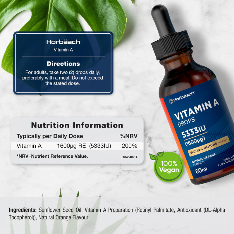 Vitamin A Drops 5333IU | 60 mL | High Strength Vitamin A as Retinol Palmitate | Vegan Liquid Oral Supplement for Adults | Orange Flavour | By Horbaach