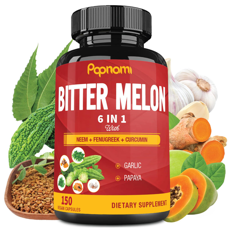 [Australia] - Organic Bitter Melon Extract Capsules - Combined Neem, Fenugreek, Curcumin, Garlic & Papaya - 150 Count for 5 Months - Supports Body, Digestive, Skin, Immune & Overall Wellness 