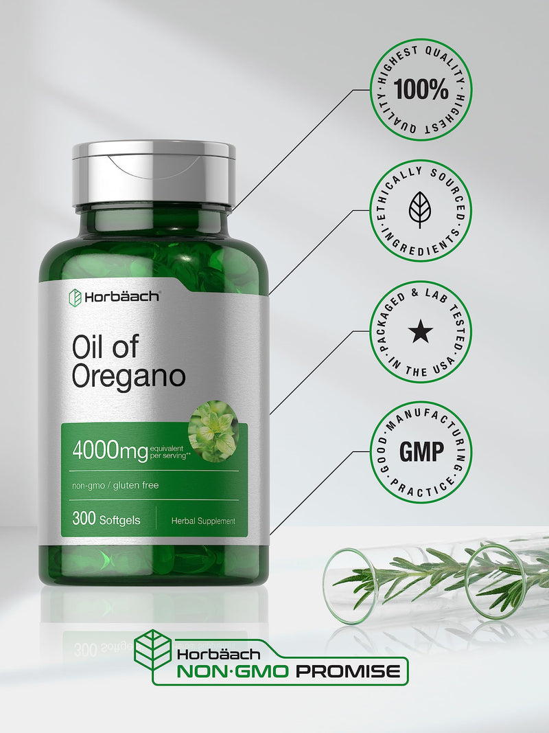 Horbäach Oregano Oil | 4000mg | 300 Softgel Capsules | Naturally Occurring Carvacrol | Non-GMO and Gluten Free Extract Formula