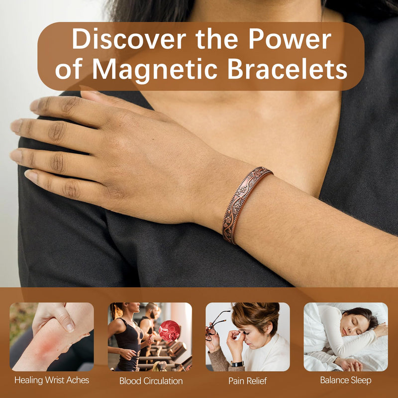 [Australia] - 2Pcs Magnetic Copper Bracelets for Women, Vintage Flower 99.99% Pure Copper Bracelets with 3500 Gauss Magnets, Adjustable Cuff Jewelry with Gift Box 